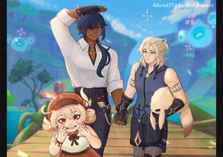 Vibrant art of the characters Kaeya, Albedo, and Klee from Genshin Impact. They are seen in the Veluriyam Mirage. Klee is in the foreground. Kaeya and Albedo walk behind her, holding hands.